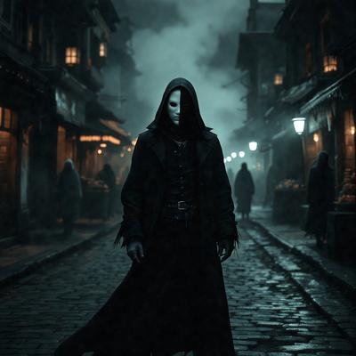 The primary subject of the image is a man dressed in a black costume, possibly a masked character, standing on a street at night. The setting includes a dark street with a few other people in the background. The visual style appears to be a combination of photo and digital art, creating a moody atmosphere. The colors in the image are predominantly black and dark shades, with some illumination from streetlights and other sources of light.